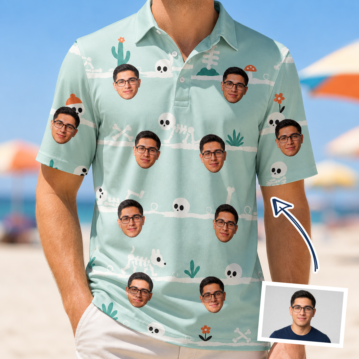 Man wearing Men's Phantom Phalanges Custom Face Polo Shirt — custom faces printed all-over