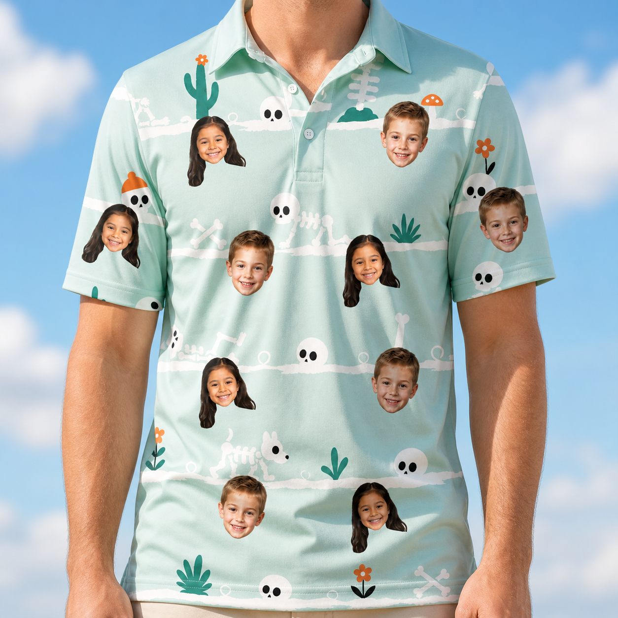 Model wearing Men's Phantom Phalanges Custom Face Polo Shirt printed with kids' faces