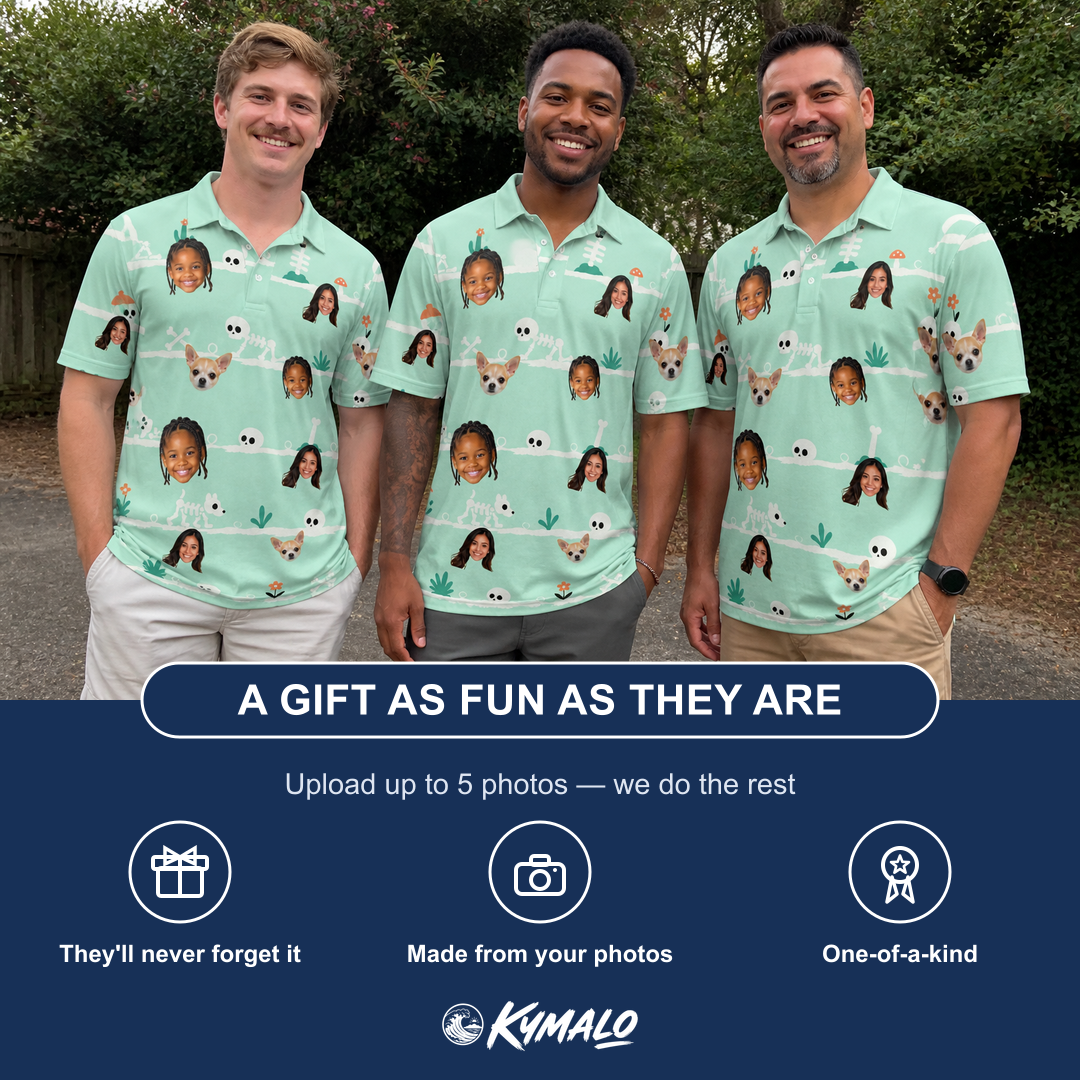 Friends in matching Men's Phantom Phalanges Custom Face Polo Shirt — a group gift photo
