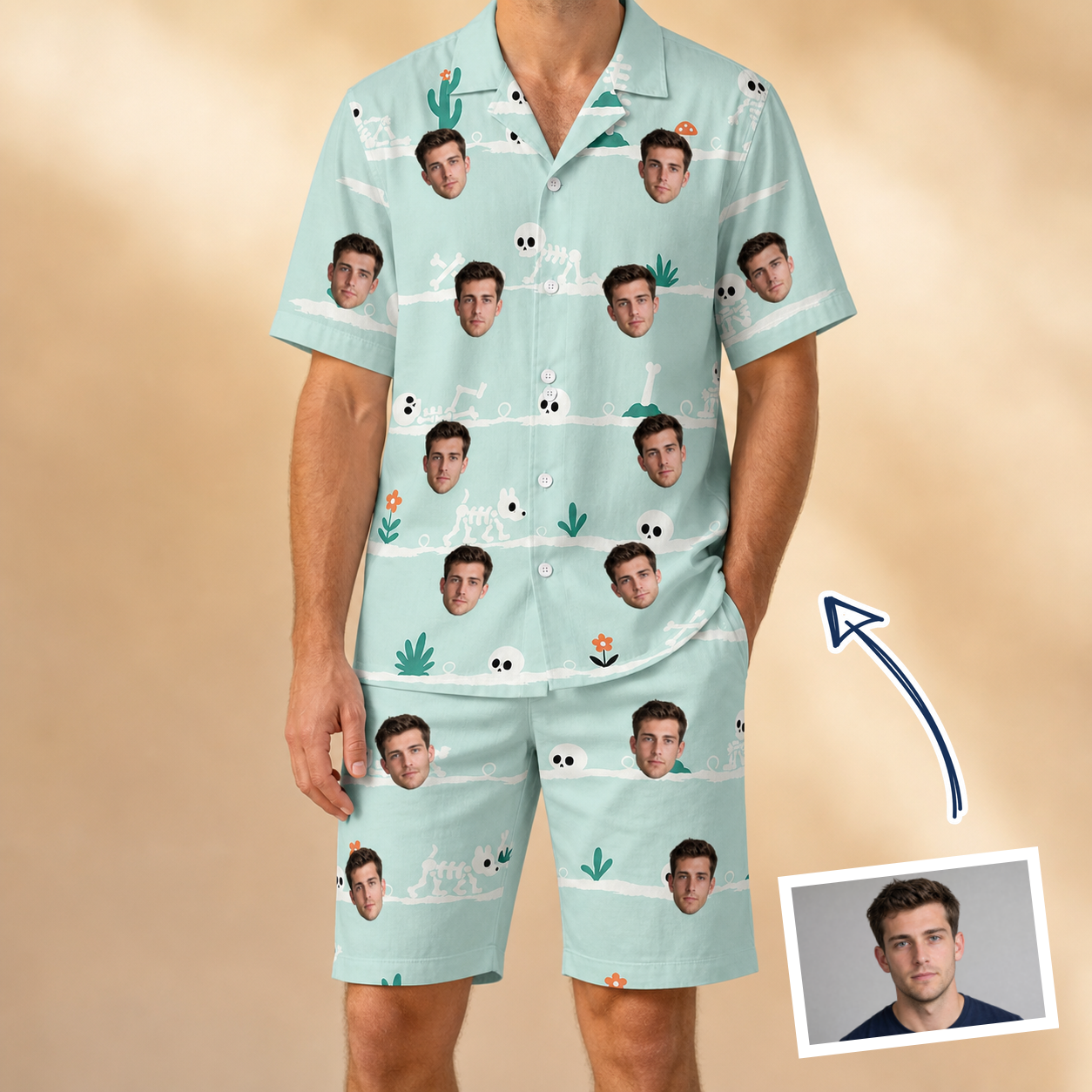 Man wearing Men's Phantom Phalanges Custom Face Shirt & Shorts Set — custom faces printed all-over
