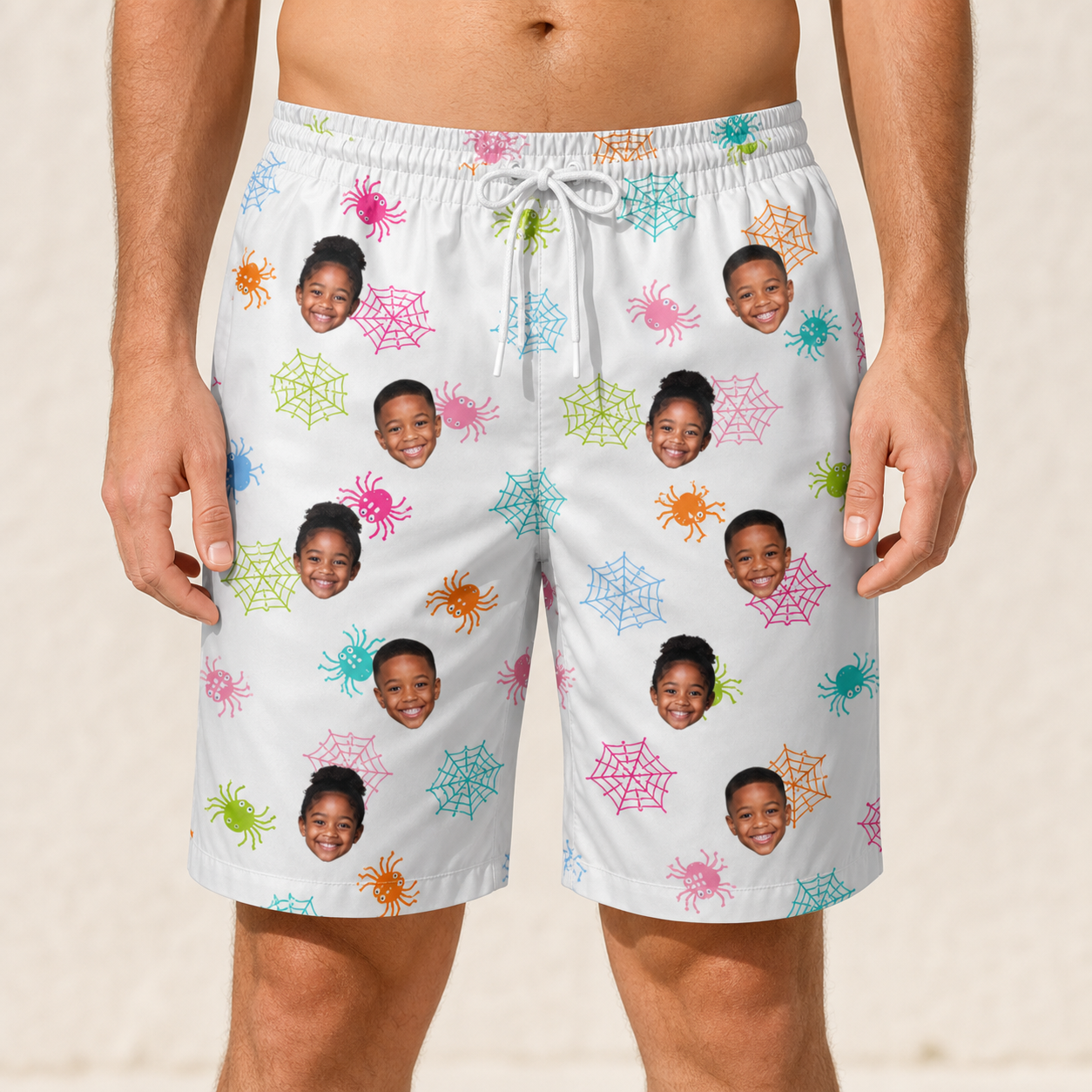 Model wearing Men's Sticky Situation Custom Face Beach Shorts printed with kids' faces