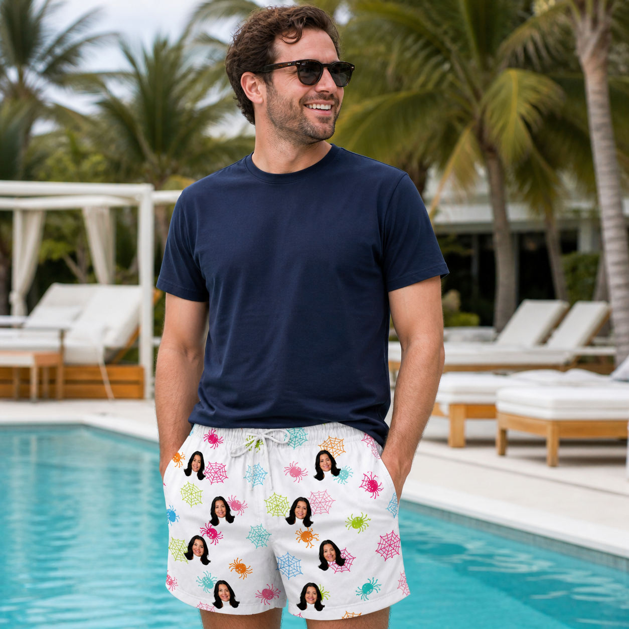Real-life photo of someone wearing Men's Sticky Situation Custom Face Beach Shorts — custom faces printed all-over