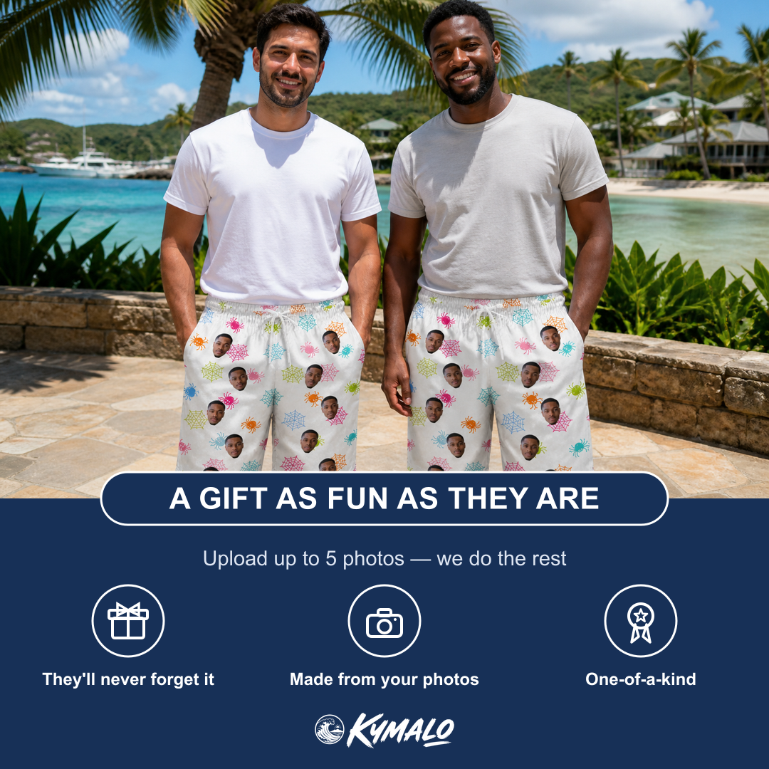 Friends in matching Men's Sticky Situation Custom Face Beach Shorts — a group gift photo