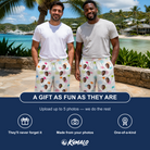 Friends in matching Men's Sticky Situation Custom Face Beach Shorts — a group gift photo