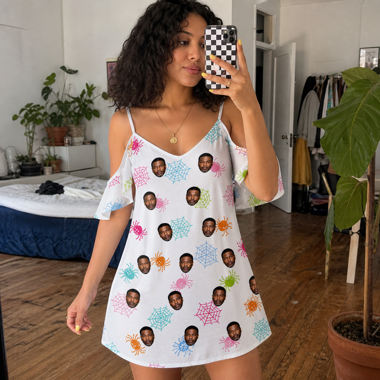 Real-life photo of someone wearing Women's Sticky Situation Custom Face Off-Shoulder Dress — custom faces printed all-over
