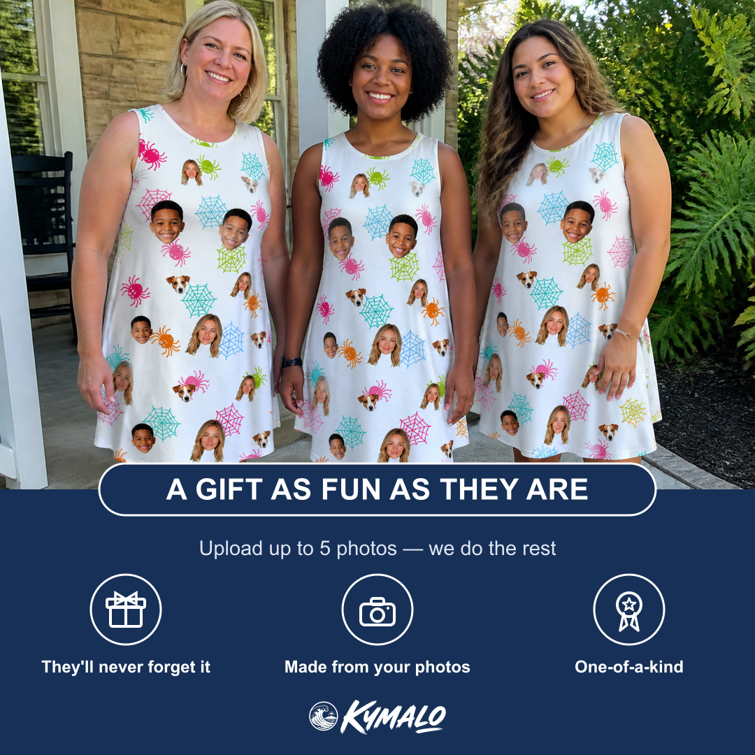 Friends in matching Women's Sticky Situation Custom Face Tank Dress — a group gift photo
