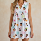 Model wearing Women's Sticky Situation Custom Face V-Neck Dress printed with kids' faces