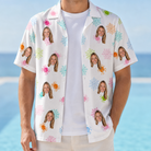 Man wearing Men's Sticky Situation Custom Face Hawaiian Shirt open over a white tee