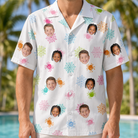 Model wearing Men's Sticky Situation Custom Face Hawaiian Shirt printed with kids' faces