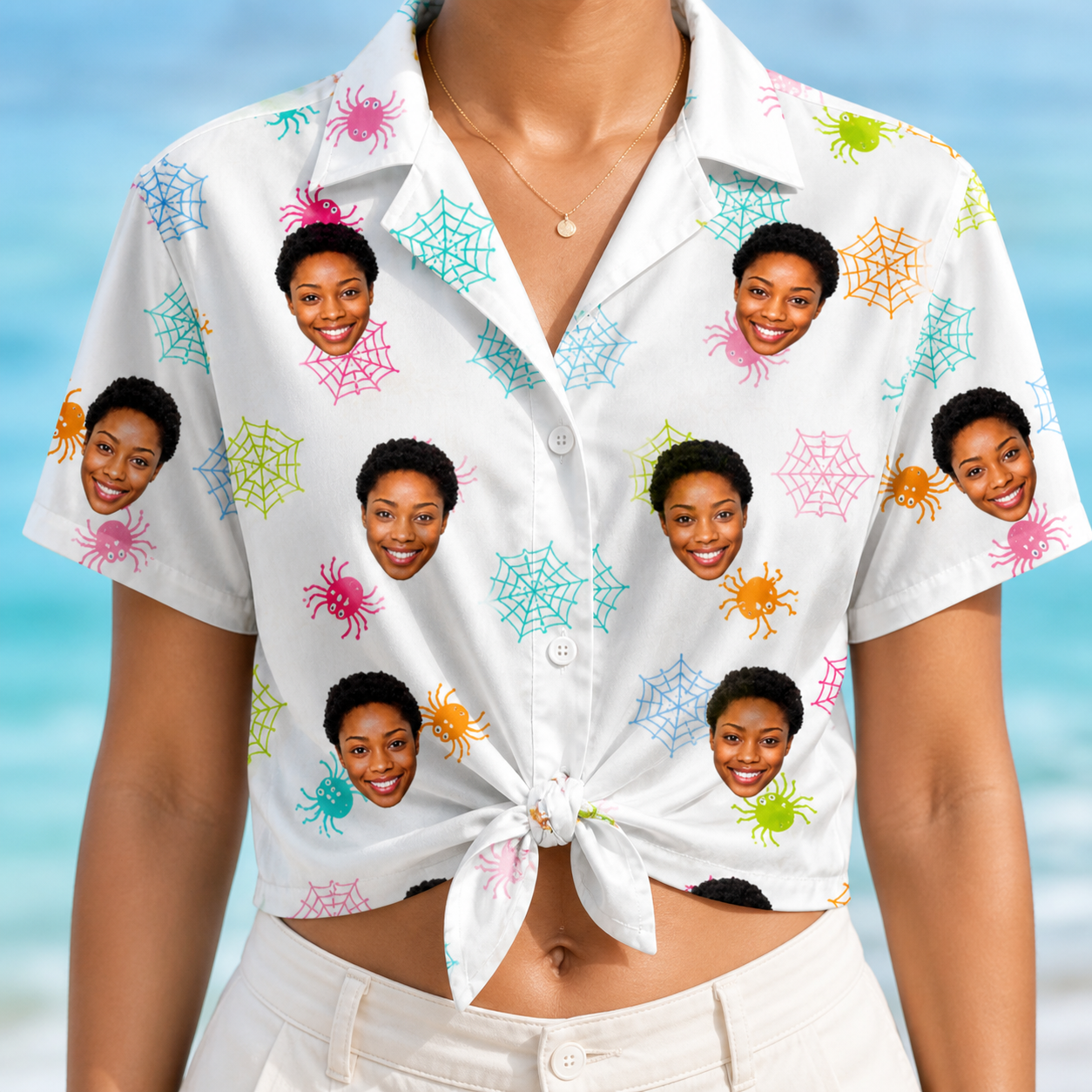 Woman wearing Women's Sticky Situation Custom Face Hawaiian Shirt tied at the waist