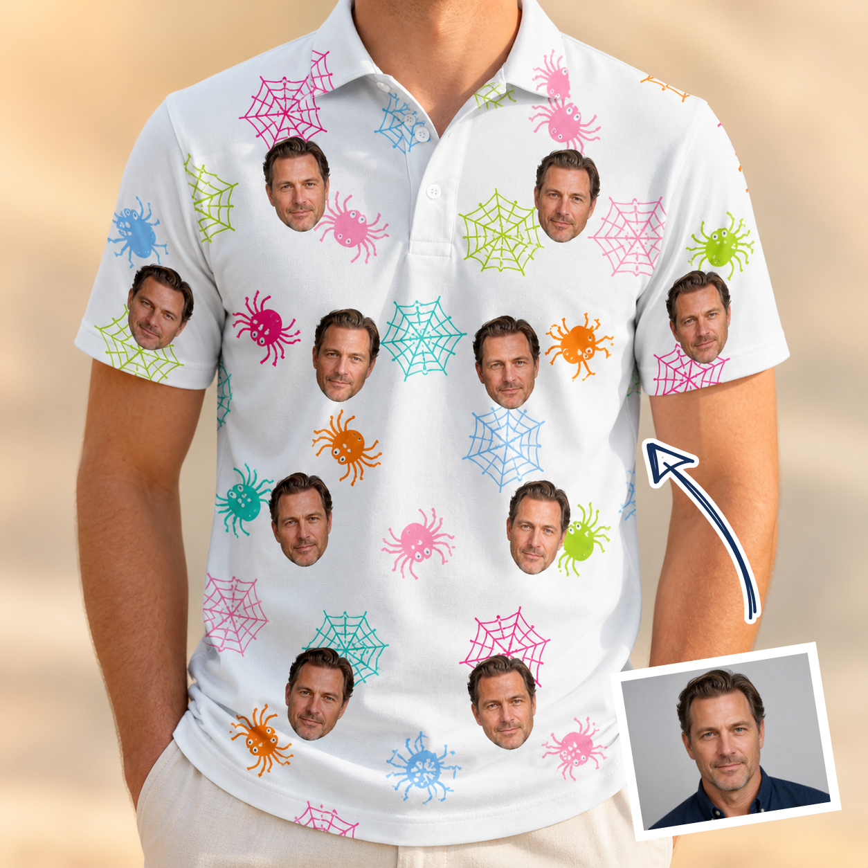 Man wearing Men's Sticky Situation Custom Face Polo Shirt — custom faces printed all-over