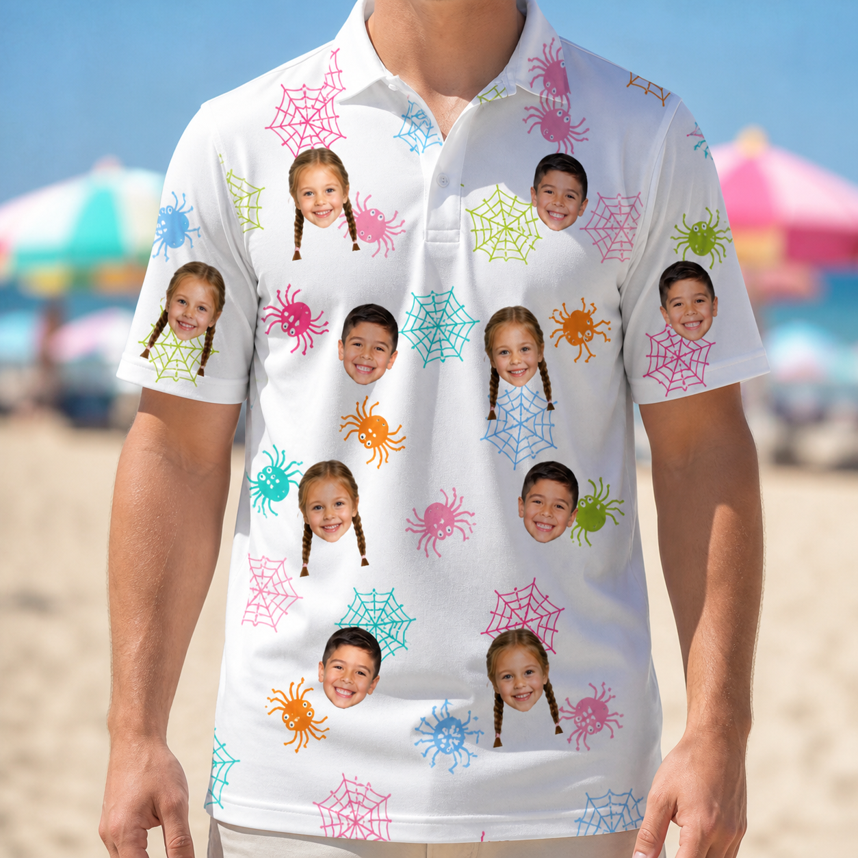 Model wearing Men's Sticky Situation Custom Face Polo Shirt printed with kids' faces