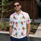 Real-life photo of someone wearing Men's Sticky Situation Custom Face Polo Shirt — custom faces printed all-over