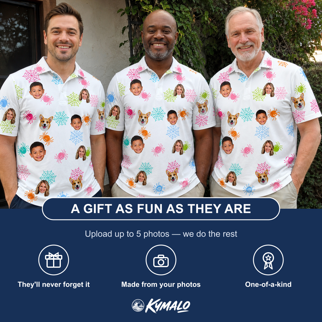Friends in matching Men's Sticky Situation Custom Face Polo Shirt — a group gift photo