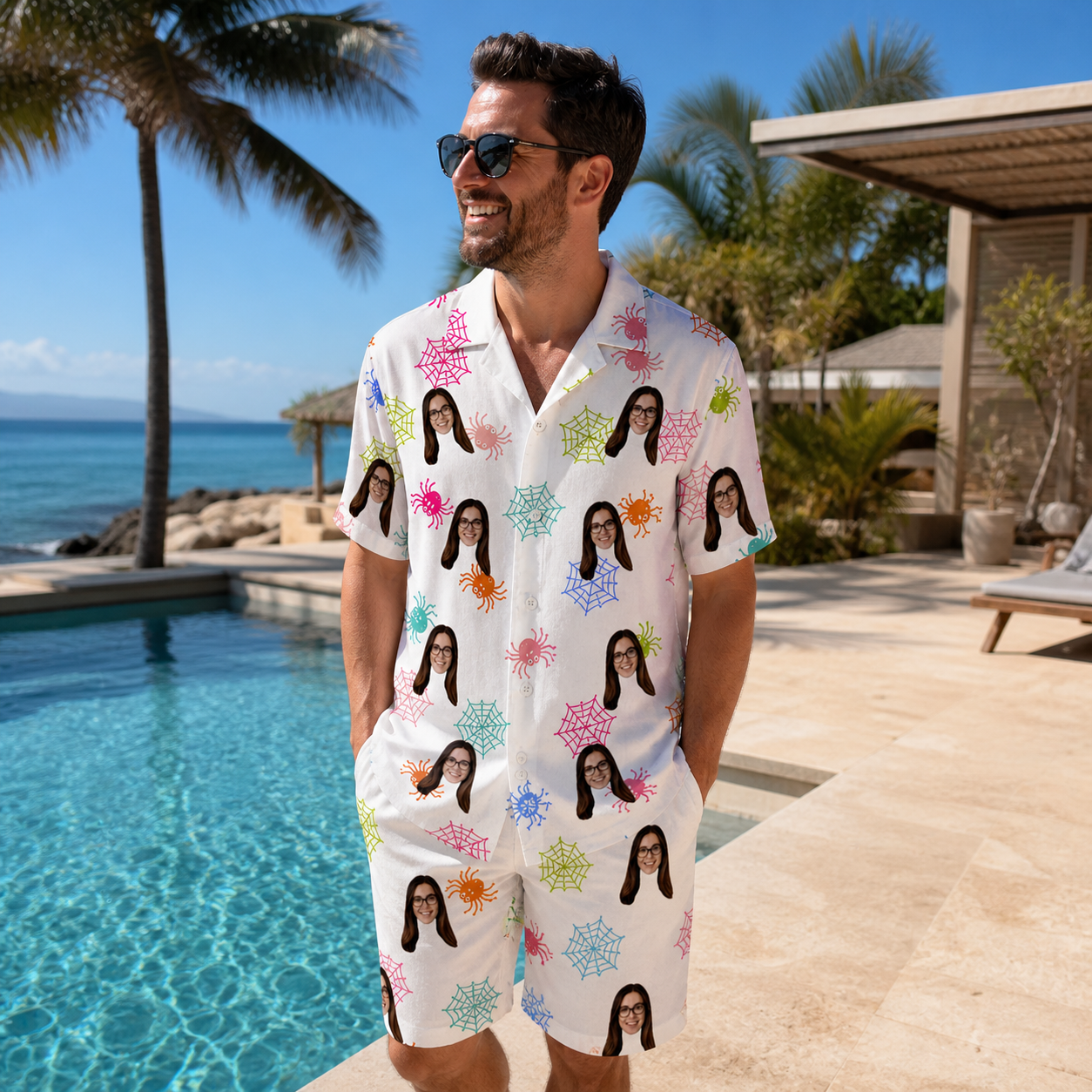 Real-life photo of someone wearing Men's Sticky Situation Custom Face Shirt & Shorts Set — custom faces printed all-over