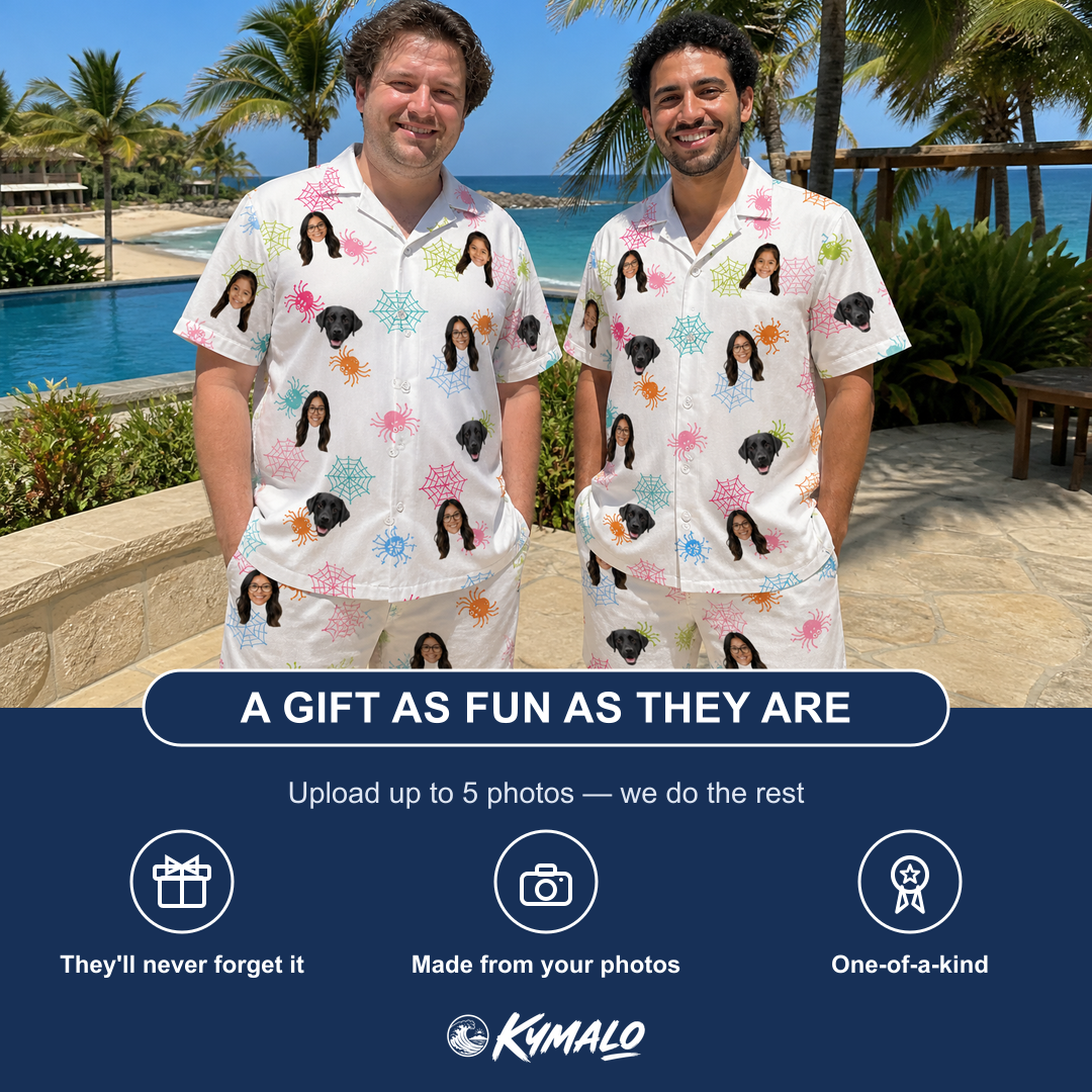 Friends in matching Men's Sticky Situation Custom Face Shirt & Shorts Set — a group gift photo