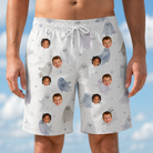 Model wearing Men's Wraith Wiggles Custom Face Beach Shorts printed with kids' faces
