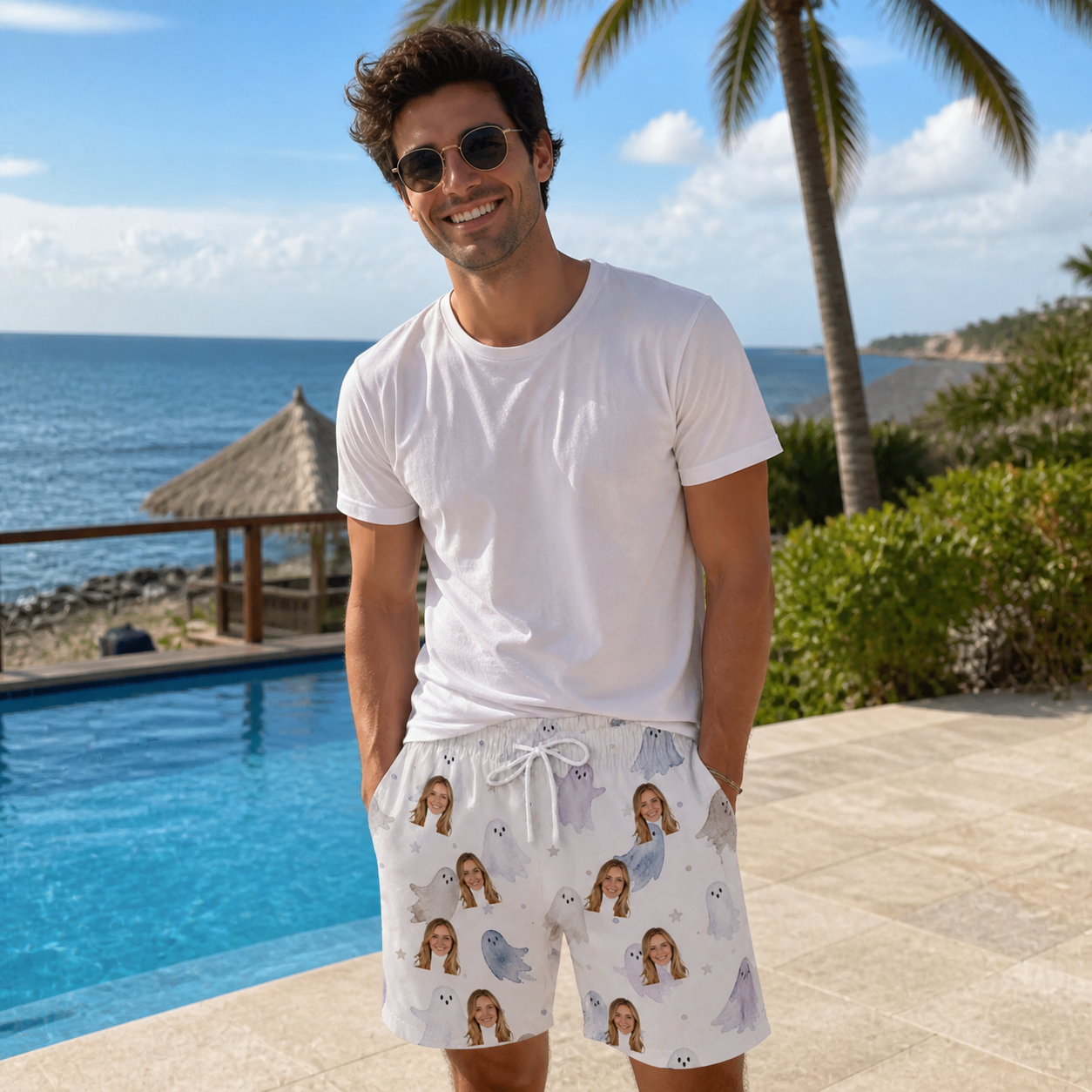 Real-life photo of someone wearing Men's Wraith Wiggles Custom Face Beach Shorts — custom faces printed all-over