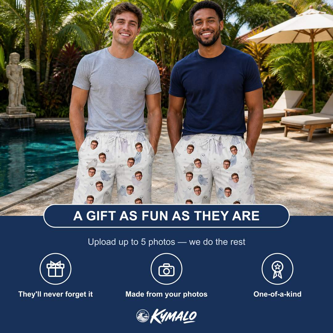 Friends in matching Men's Wraith Wiggles Custom Face Beach Shorts — a group gift photo