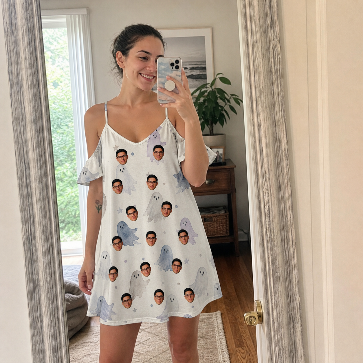 Real-life photo of someone wearing Women's Wraith Wiggles Custom Face Off-Shoulder Dress — custom faces printed all-over