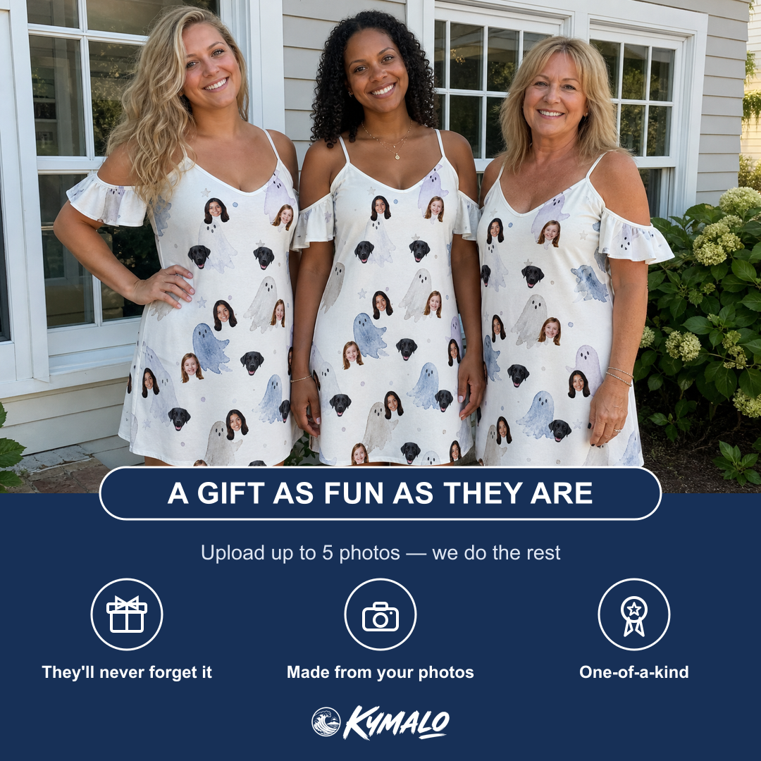Friends in matching Women's Wraith Wiggles Custom Face Off-Shoulder Dress — a group gift photo