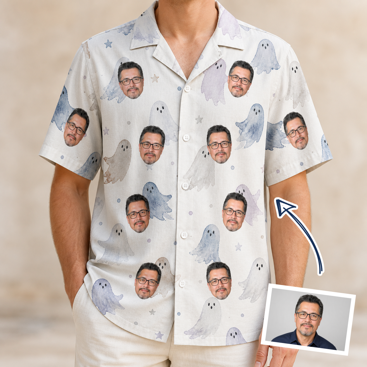 Man wearing Men's Wraith Wiggles Custom Face Hawaiian Shirt — custom faces printed all-over