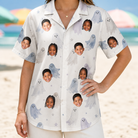 Model wearing Women's Wraith Wiggles Custom Face Hawaiian Shirt printed with kids' faces