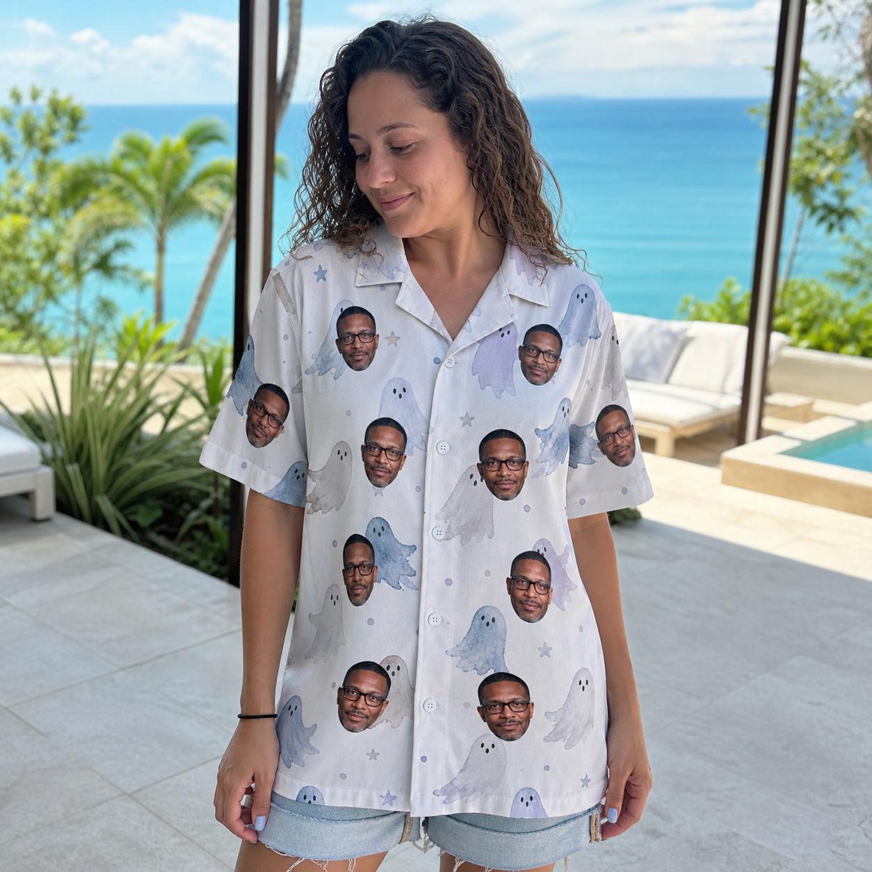 Real-life photo of someone wearing Women's Wraith Wiggles Custom Face Hawaiian Shirt — custom faces printed all-over