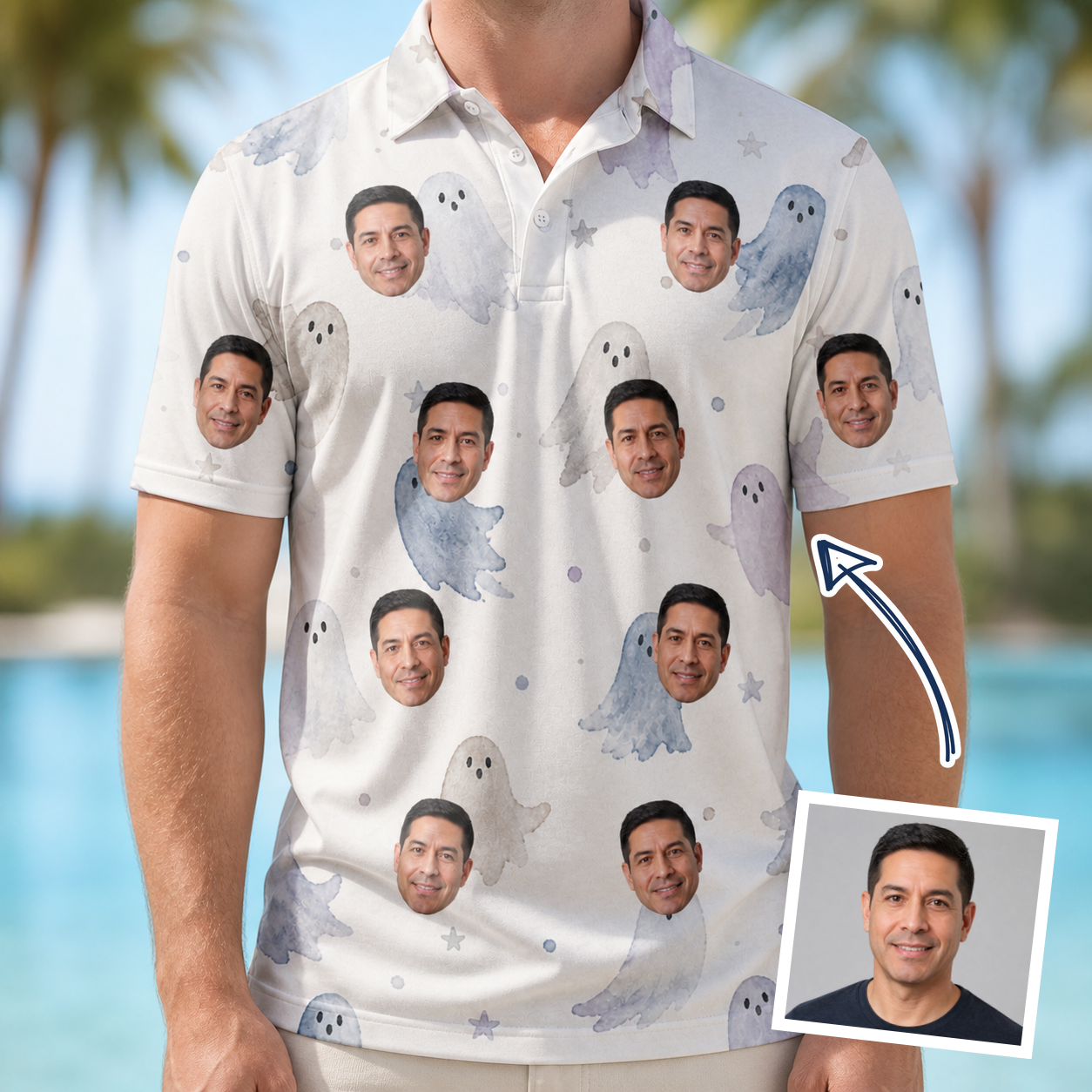 Man wearing Men's Wraith Wiggles Custom Face Polo Shirt — custom faces printed all-over
