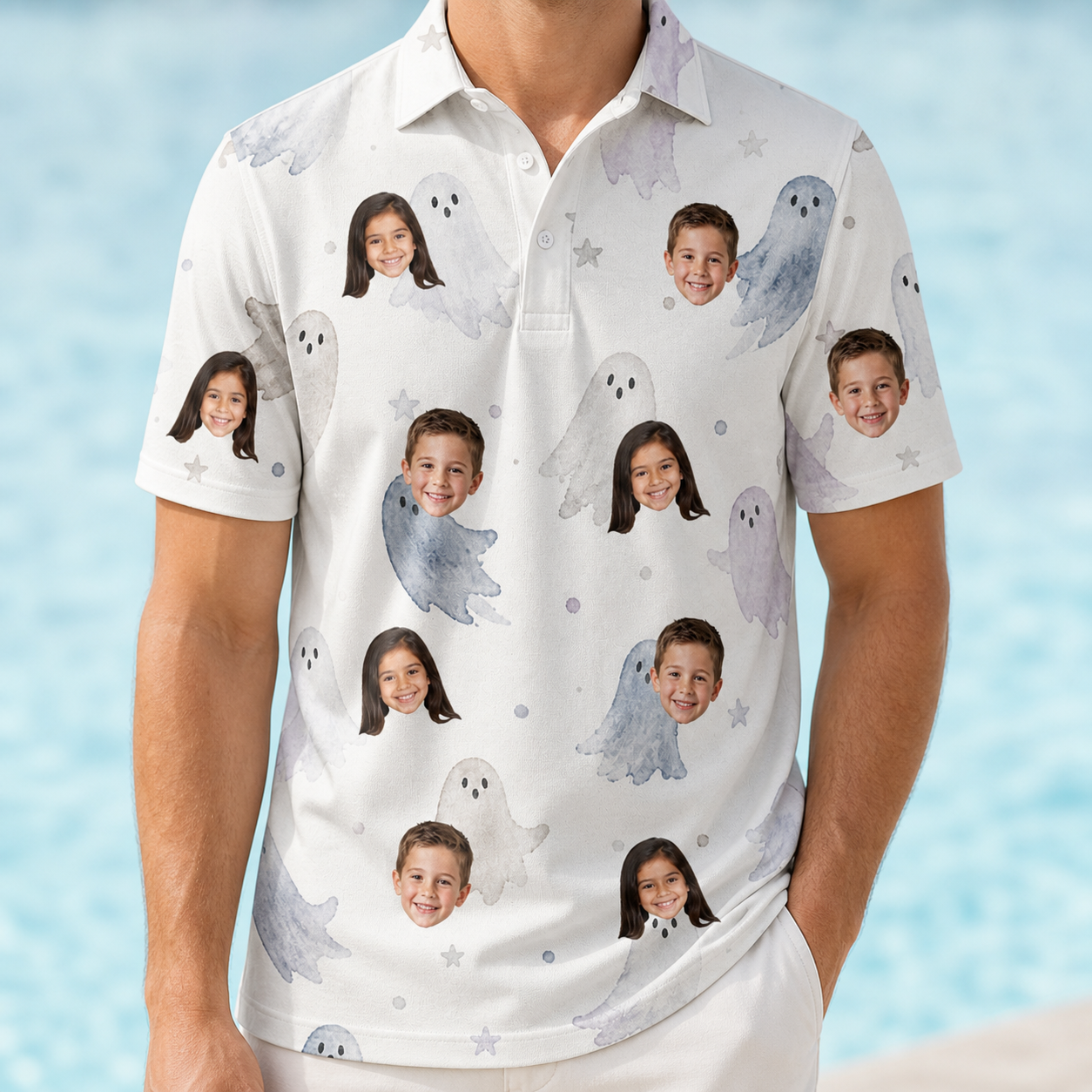 Model wearing Men's Wraith Wiggles Custom Face Polo Shirt printed with kids' faces