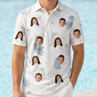 Model wearing Men's Wraith Wiggles Custom Face Polo Shirt printed with kids' faces