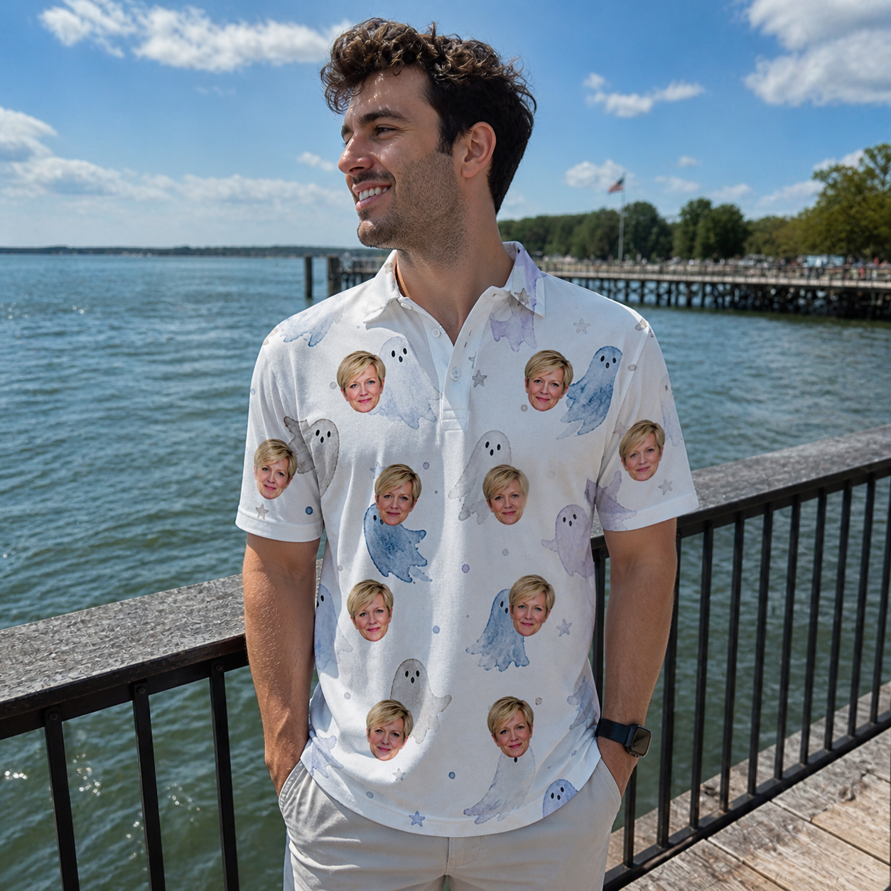 Real-life photo of someone wearing Men's Wraith Wiggles Custom Face Polo Shirt — custom faces printed all-over