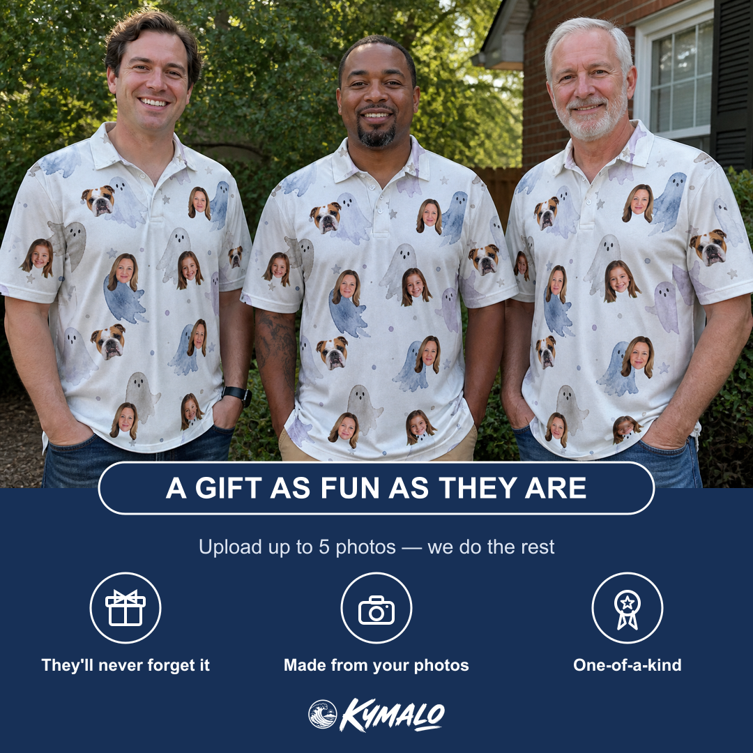 Friends in matching Men's Wraith Wiggles Custom Face Polo Shirt — a group gift photo