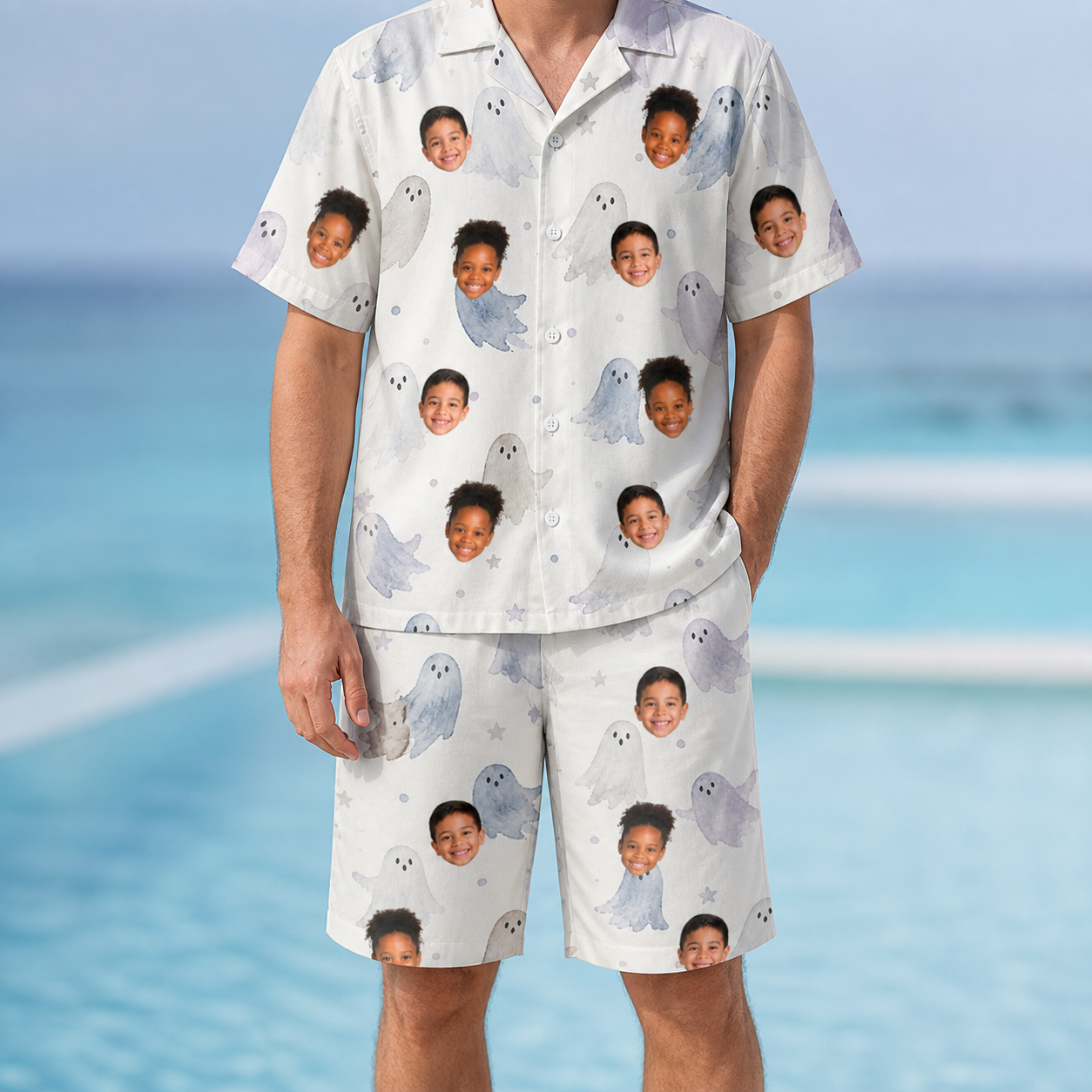Model wearing Men's Wraith Wiggles Custom Face Shirt & Shorts Set printed with kids' faces
