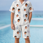 Model wearing Men's Wraith Wiggles Custom Face Shirt & Shorts Set printed with kids' faces