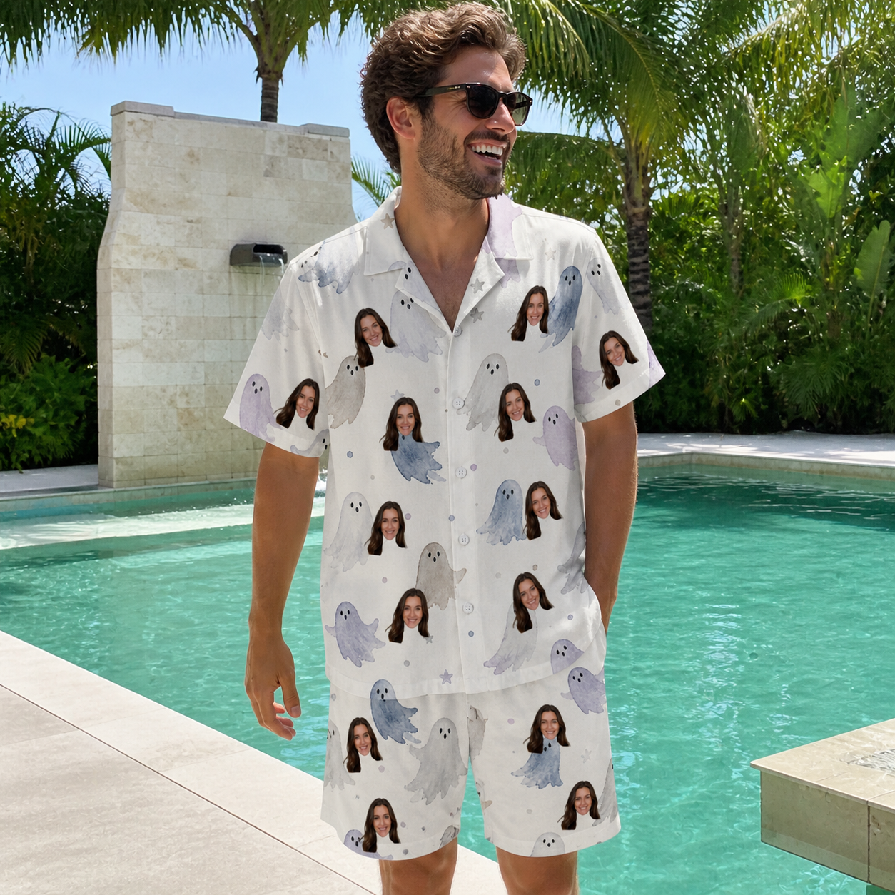 Real-life photo of someone wearing Men's Wraith Wiggles Custom Face Shirt & Shorts Set — custom faces printed all-over