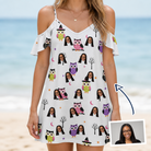 Woman wearing Women's Talon Terrors Custom Face Off-Shoulder Dress — custom faces printed all-over