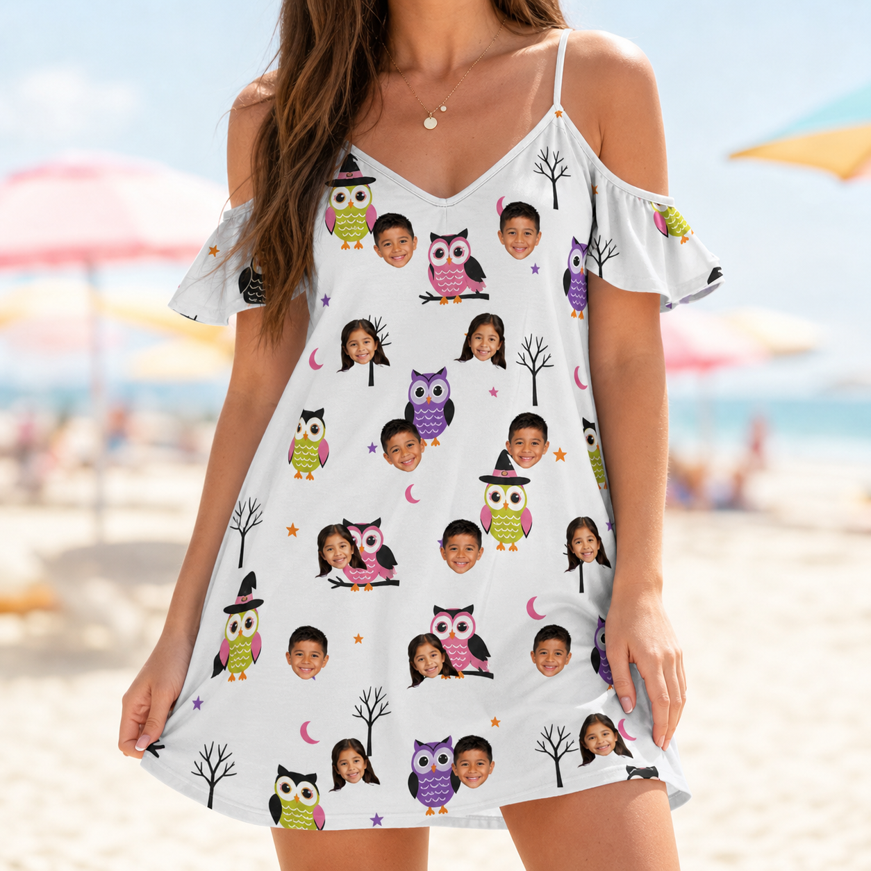 Model wearing Women's Talon Terrors Custom Face Off-Shoulder Dress printed with kids' faces