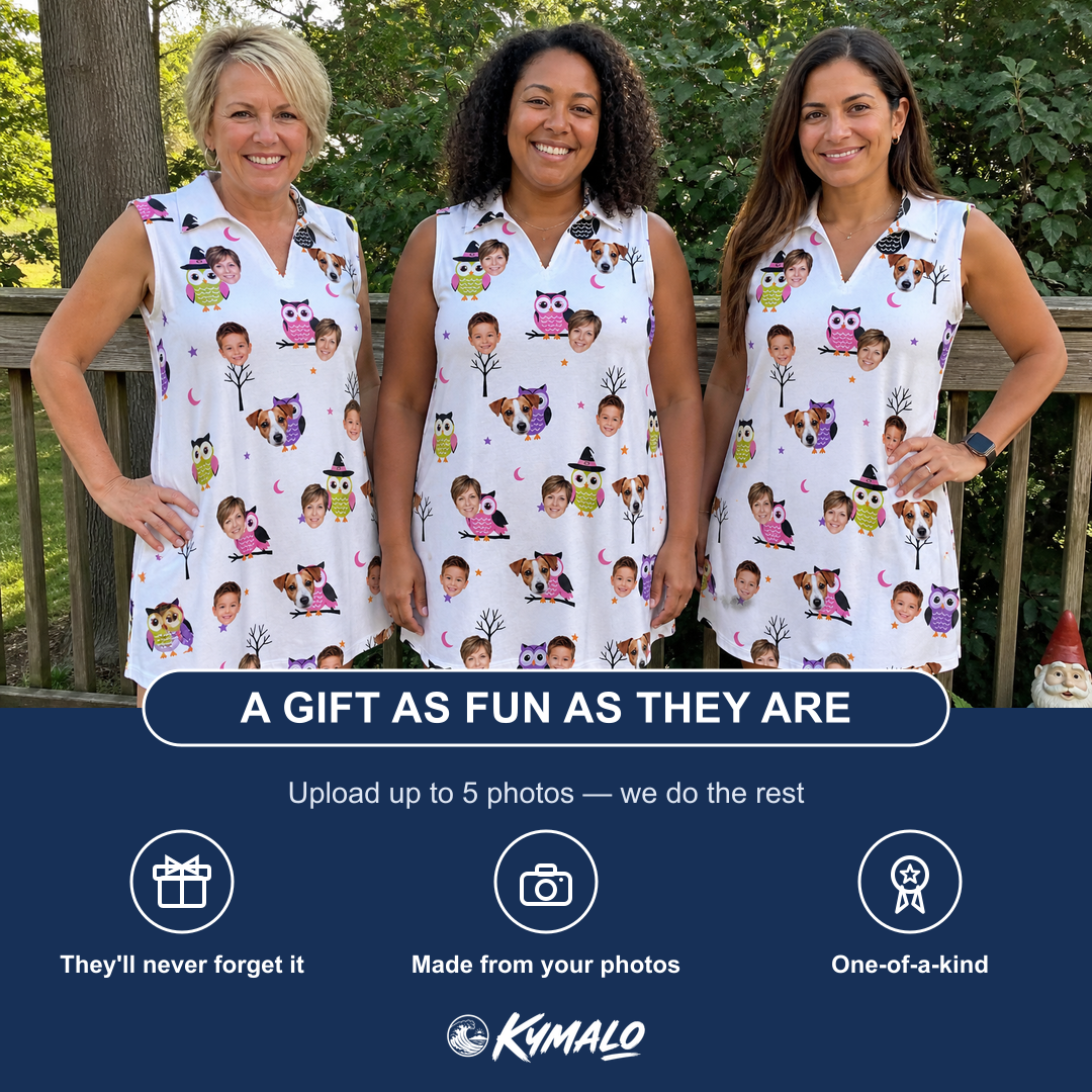 Friends in matching Women's Talon Terrors Custom Face V-Neck Dress — a group gift photo