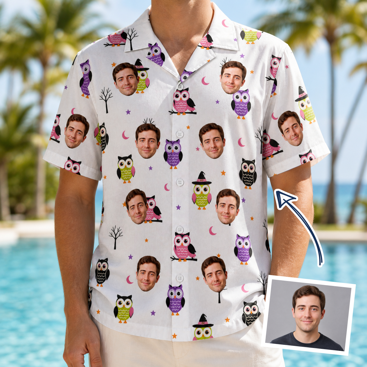 Man wearing Men's Talon Terrors Custom Face Hawaiian Shirt — custom faces printed all-over