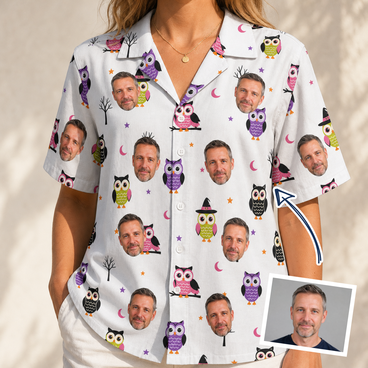 Woman wearing Women's Talon Terrors Custom Face Hawaiian Shirt — custom faces printed all-over
