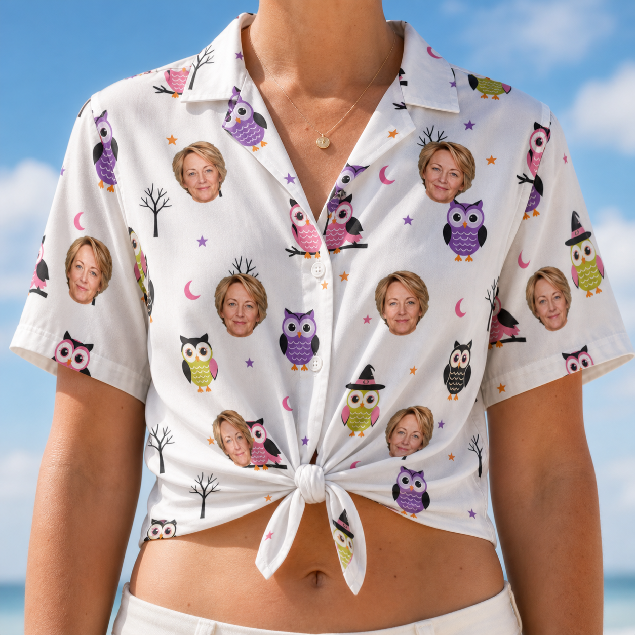 Woman wearing Women's Talon Terrors Custom Face Hawaiian Shirt tied at the waist