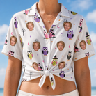 Woman wearing Women's Talon Terrors Custom Face Hawaiian Shirt tied at the waist