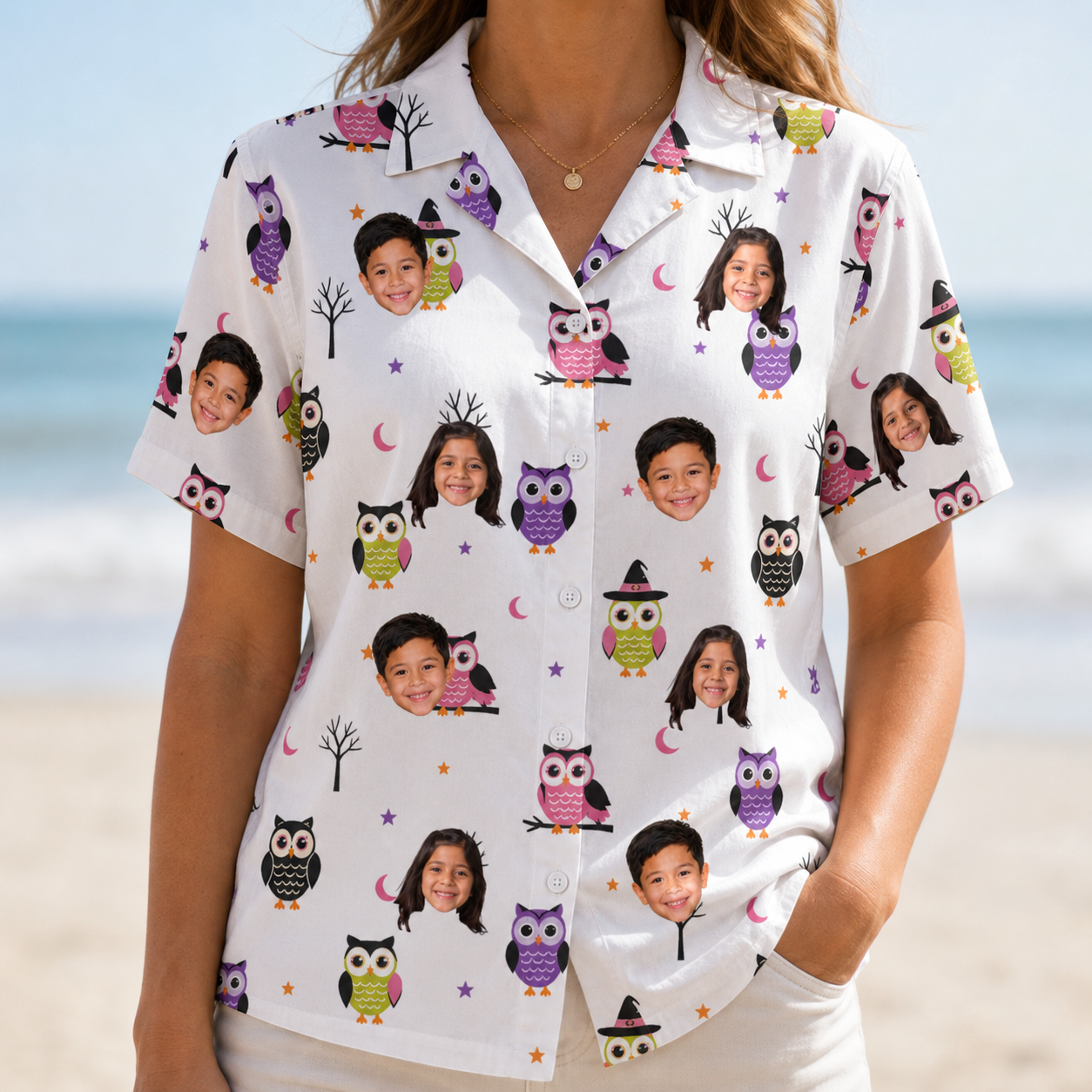 Model wearing Women's Talon Terrors Custom Face Hawaiian Shirt printed with kids' faces