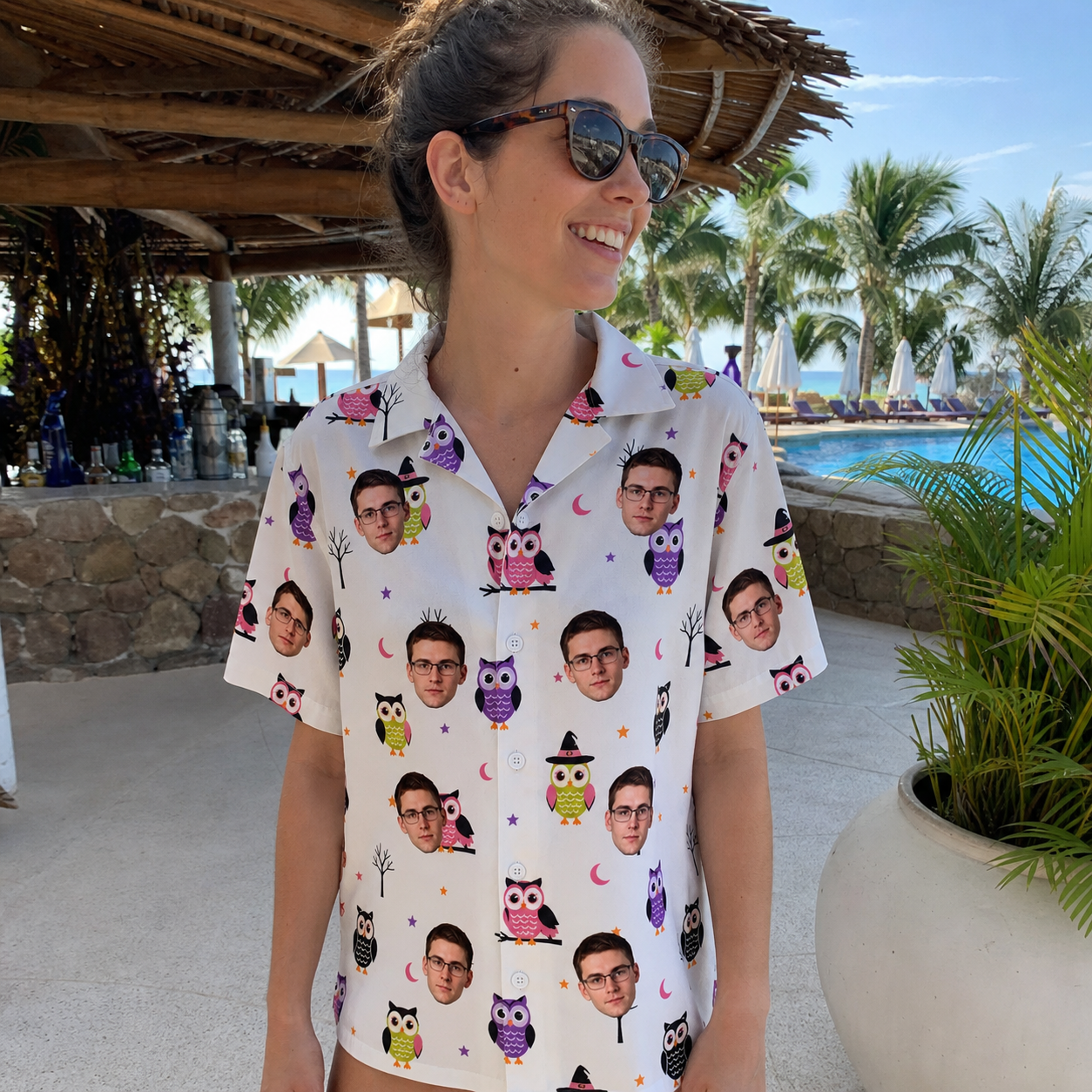 Real-life photo of someone wearing Women's Talon Terrors Custom Face Hawaiian Shirt — custom faces printed all-over