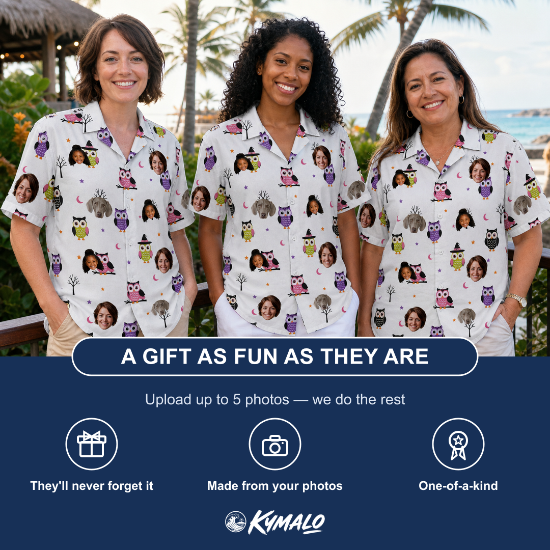 Friends in matching Women's Talon Terrors Custom Face Hawaiian Shirt — a group gift photo
