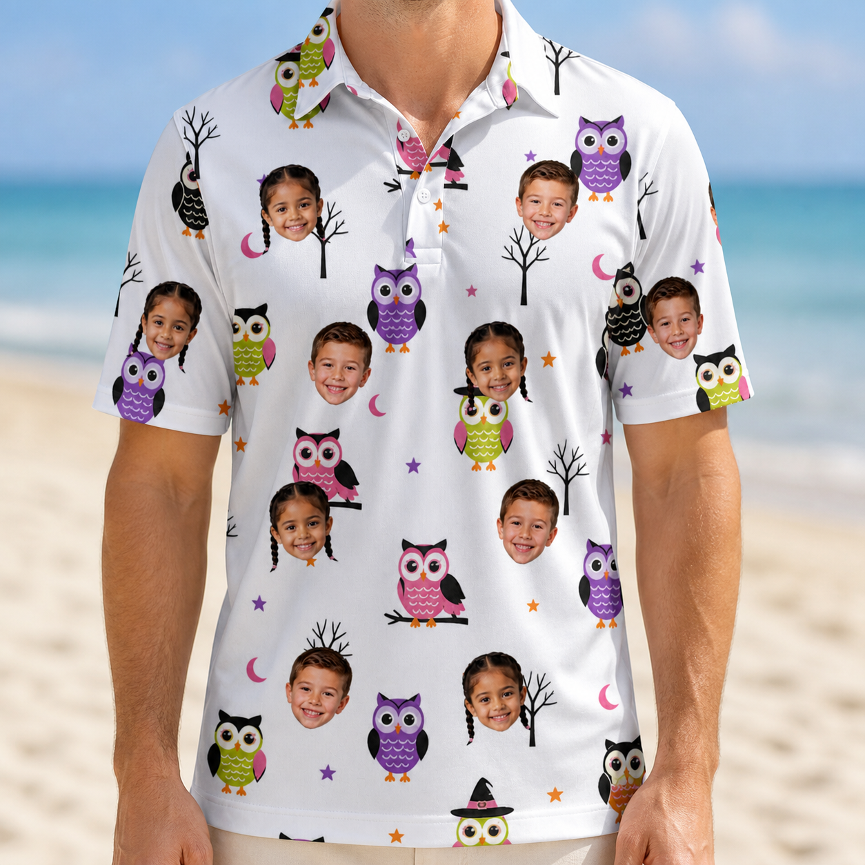 Model wearing Men's Talon Terrors Custom Face Polo Shirt printed with kids' faces