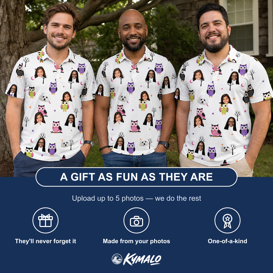 Friends in matching Men's Talon Terrors Custom Face Polo Shirt — a group gift photo