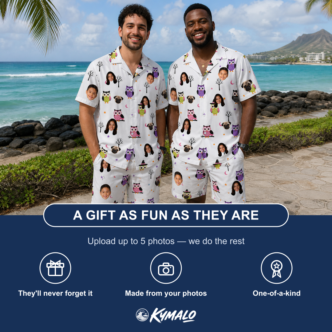 Friends in matching Men's Talon Terrors Custom Face Shirt & Shorts Set — a group gift photo