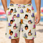 Model wearing Men's Resting Jest Custom Face Beach Shorts printed with kids' faces